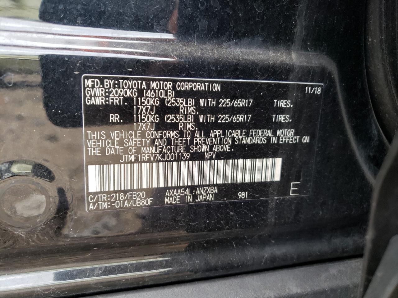 JTMF1RFV7KJ001139 2019 Toyota Rav4 Le