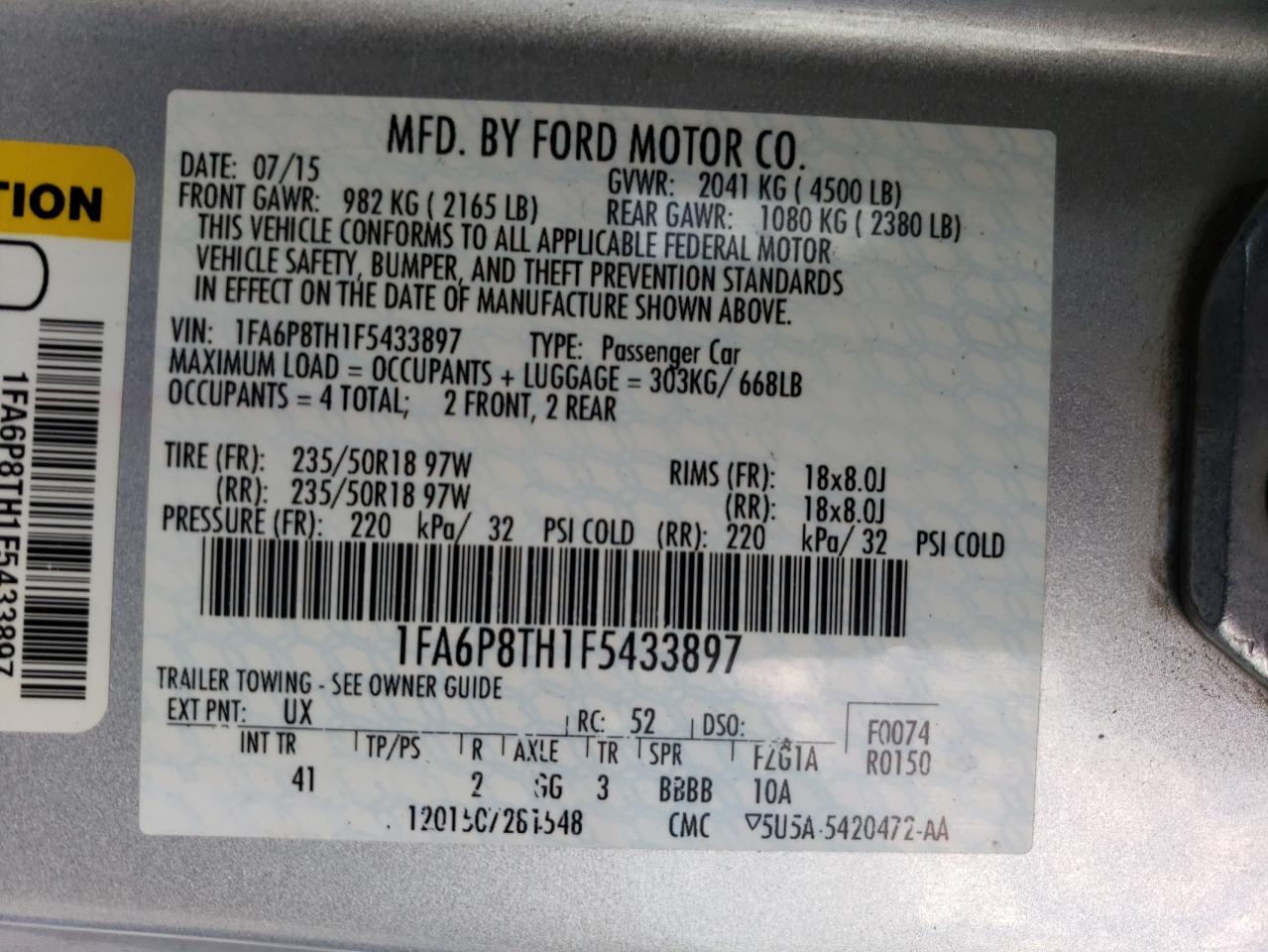 2015 Ford Mustang VIN: 1FA6P8TH1F5433897 Lot: 59983765
