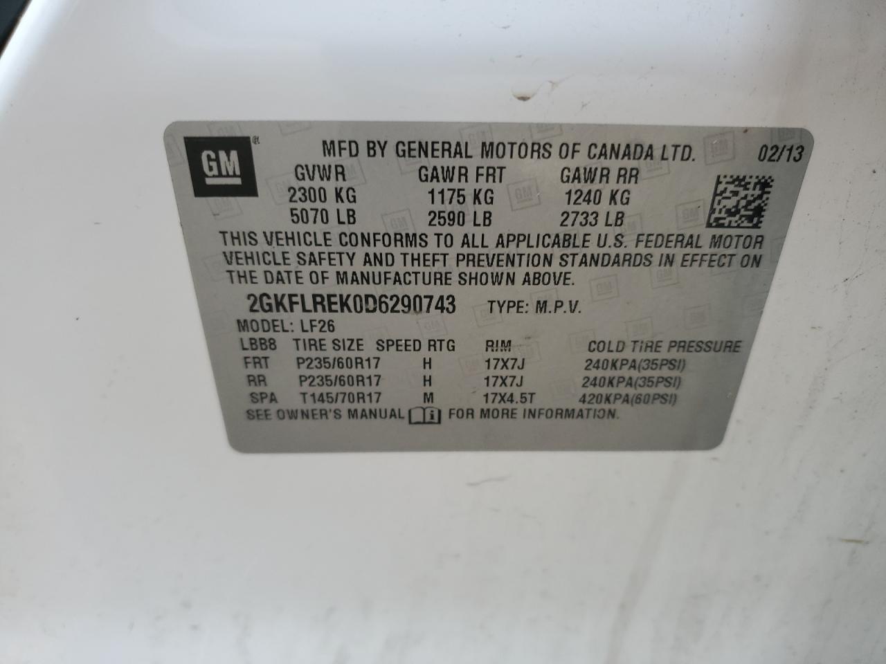 2013 GMC Terrain Sle VIN: 2GKFLREK0D6290743 Lot: 68497393