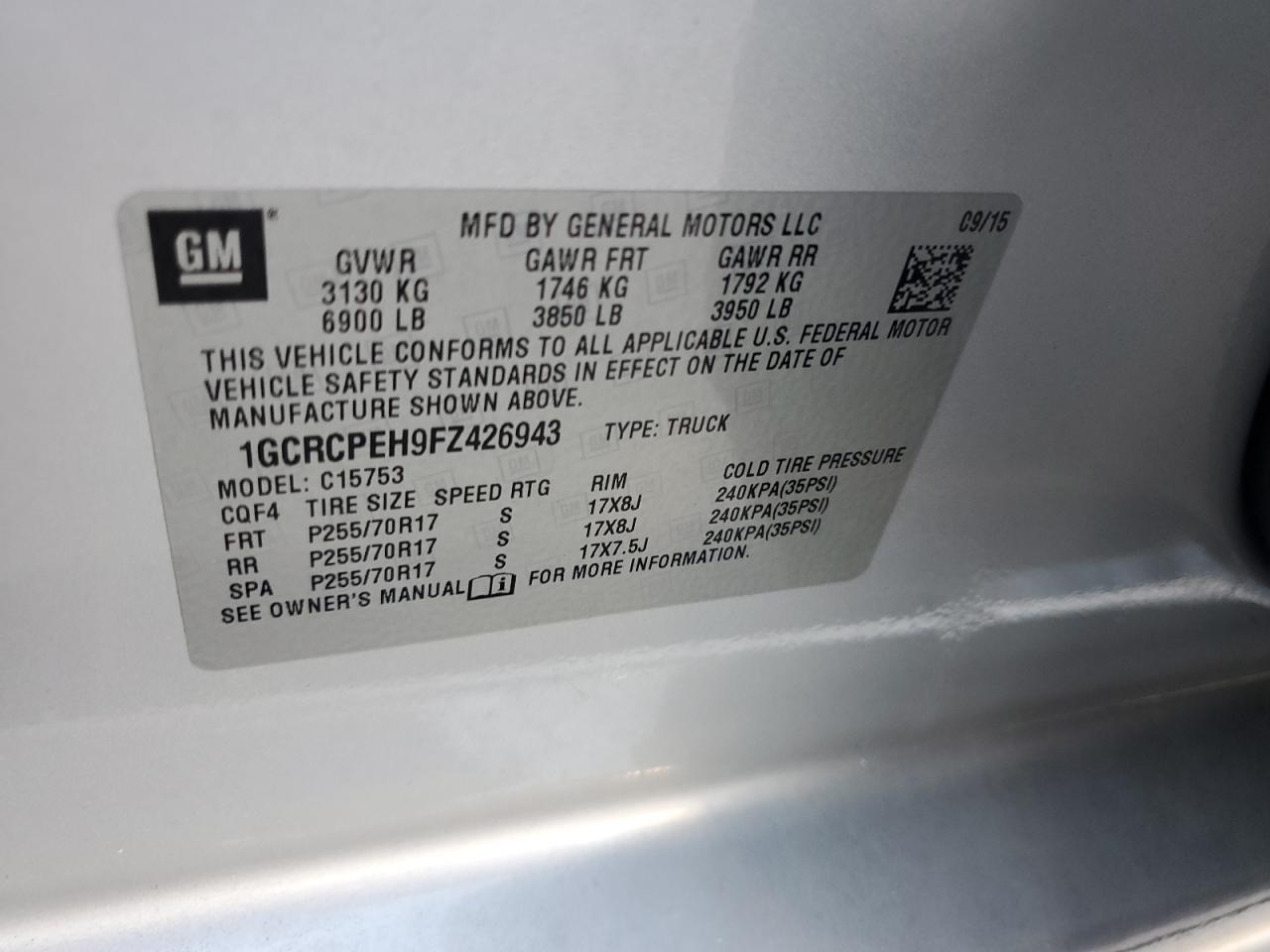 2015 Chevrolet Silverado C1500 VIN: 1GCRCPEH9FZ426943 Lot: 68198993