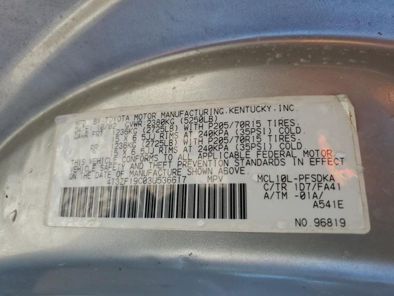 2003 Toyota Sienna Ce VIN: 4T3ZF19C03U536617 Lot: 66270023