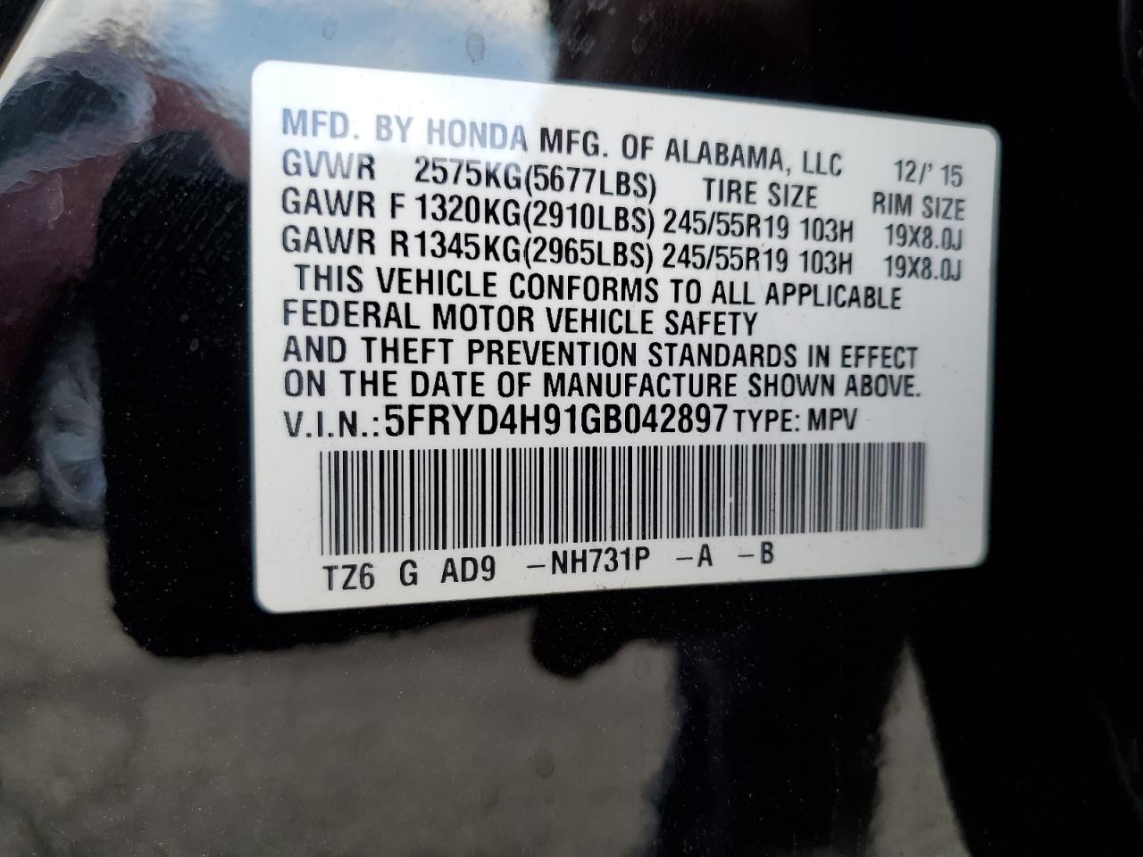 5FRYD4H91GB042897 2016 Acura Mdx Advance