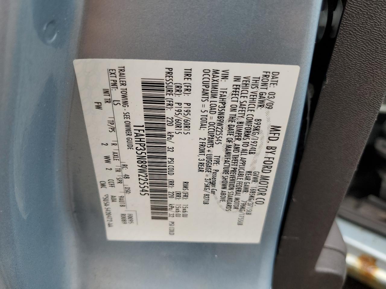 2009 Ford Focus Se VIN: 1FAHP35N89W225545 Lot: 67100673