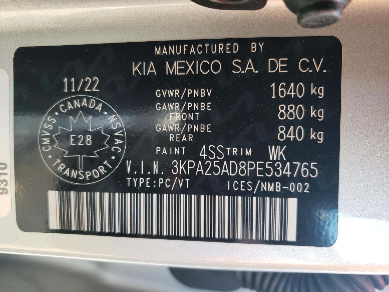 2023 Kia Rio S VIN: 3KPA25AD8PE534765 Lot: 67452753