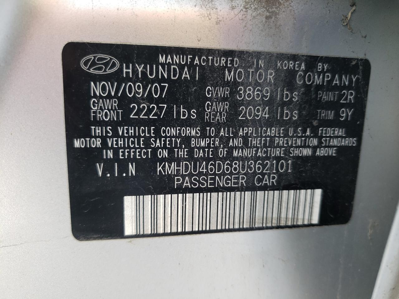 2008 Hyundai Elantra Gls VIN: KMHDU46D68U362101 Lot: 67151573