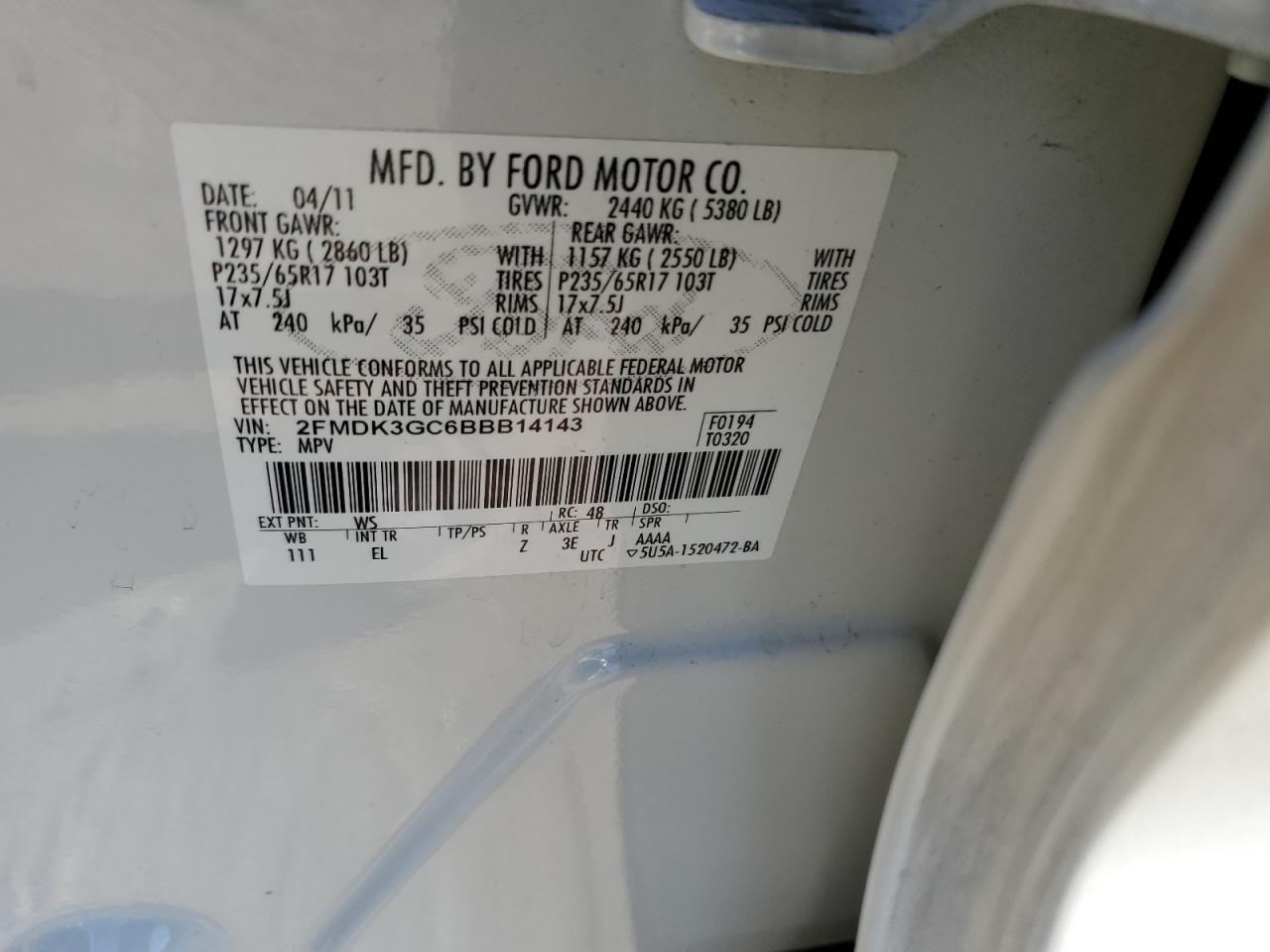 2011 Ford Edge Se VIN: 2FMDK3GC6BBB14143 Lot: 74216394