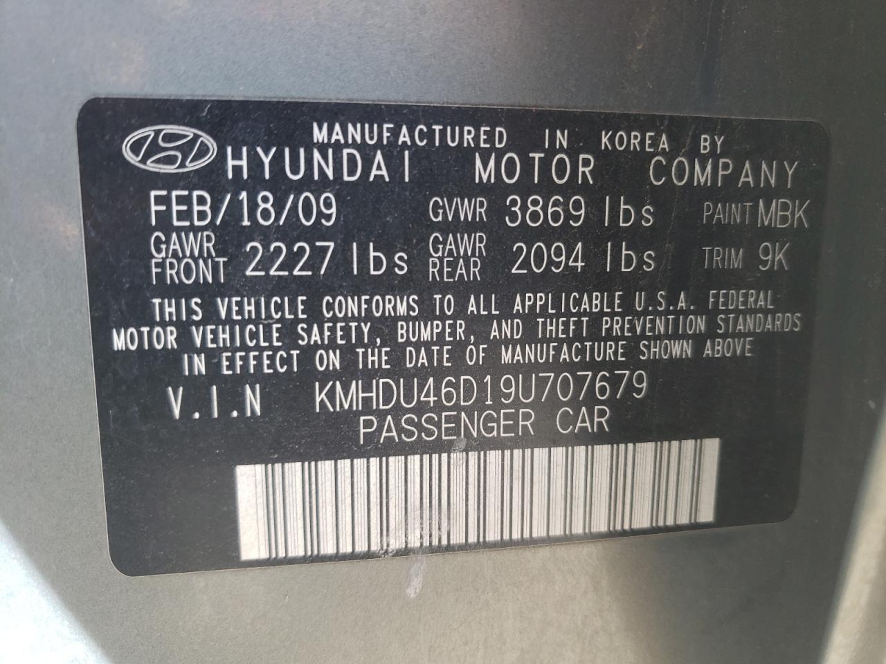 2009 Hyundai Elantra Gls VIN: KMHDU46D19U707679 Lot: 50428714