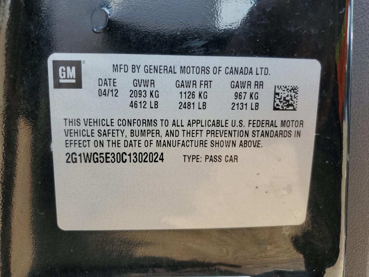 2012 Chevrolet Impala Lt VIN: 2G1WG5E30C1302024 Lot: 68107053