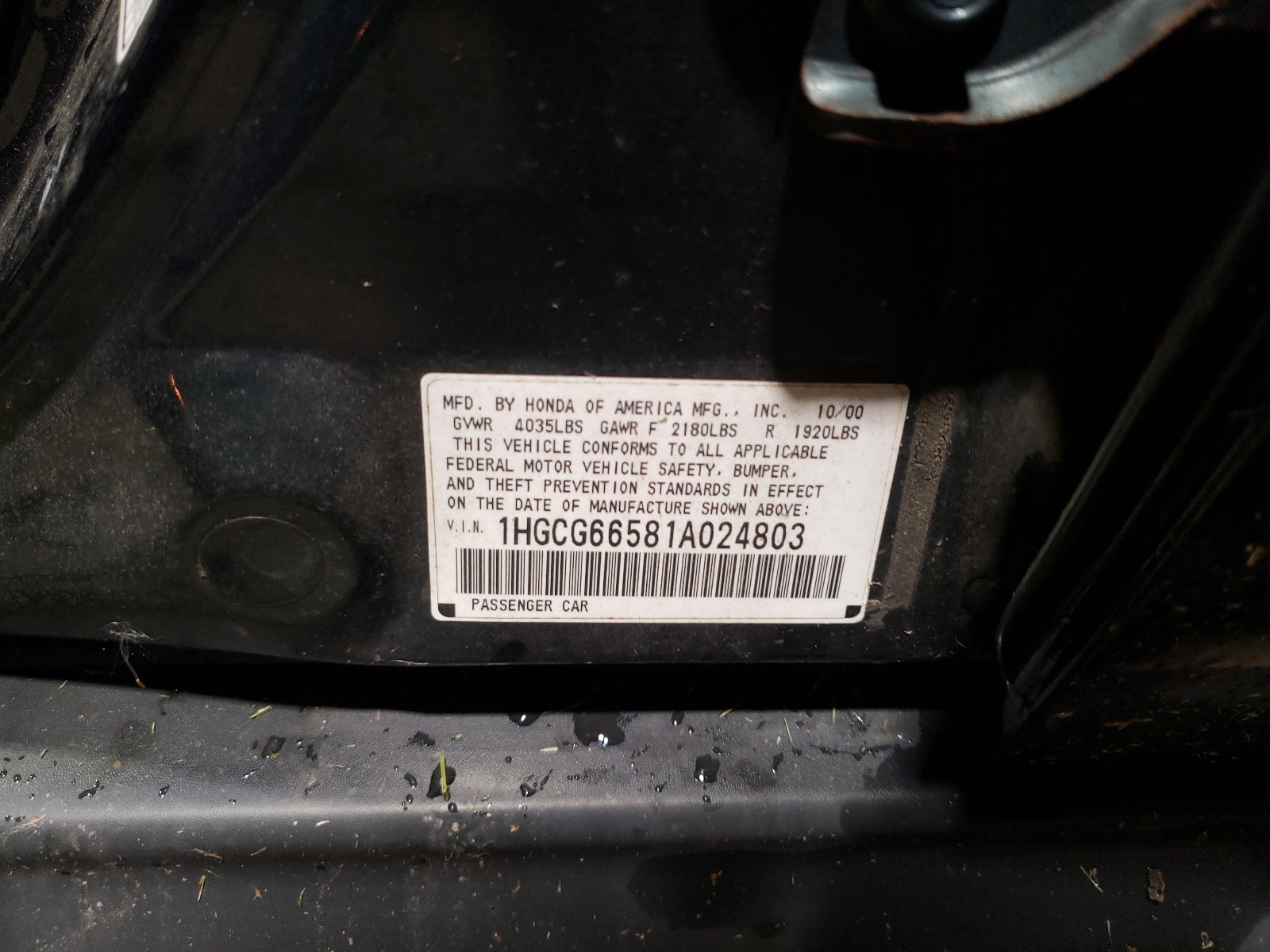 1HGCG66581A024803 2001 Honda Accord Lx