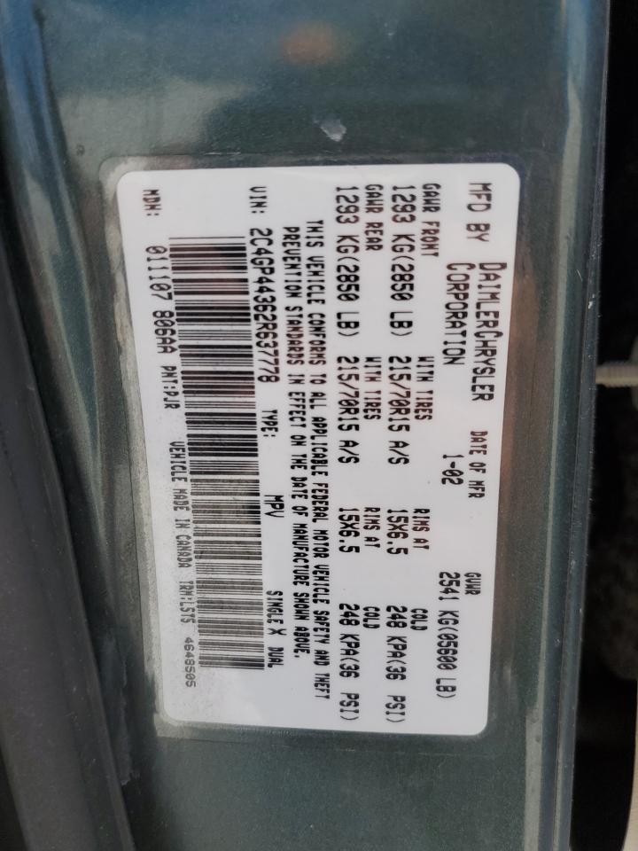 2002 Chrysler Town & Country Lx VIN: 2C4GP44362R637778 Lot: 67448373