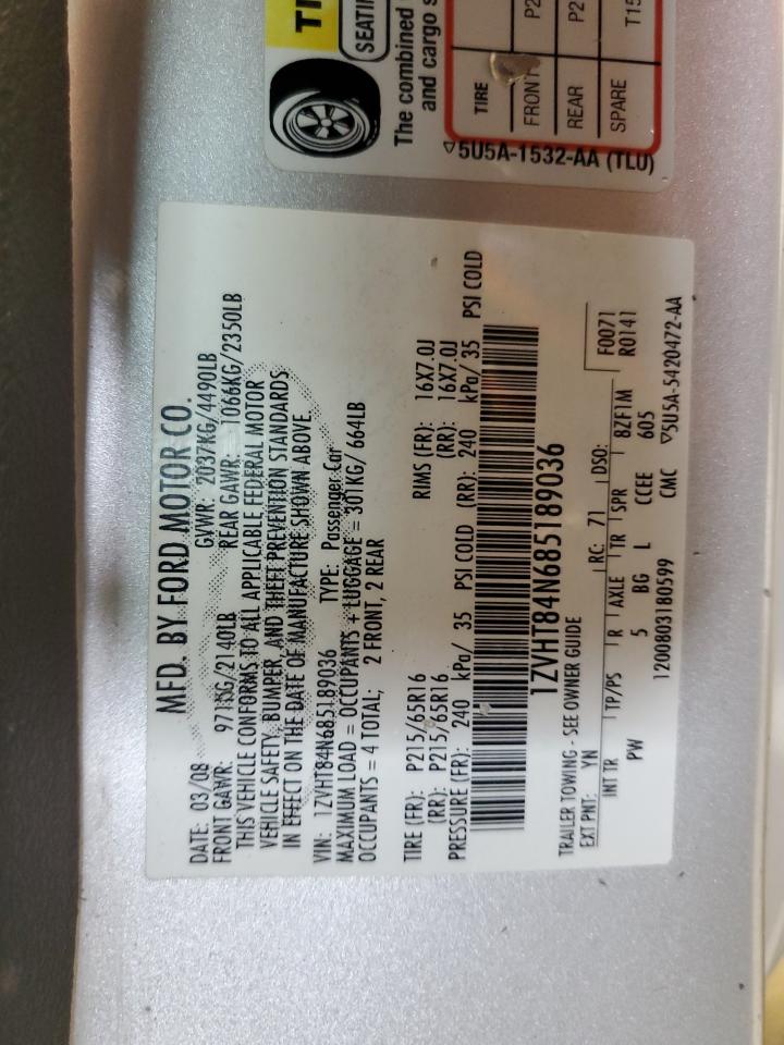 2008 Ford Mustang VIN: 1ZVHT84N685189036 Lot: 69560643