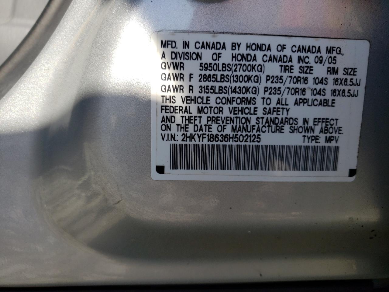 2006 Honda Pilot Ex VIN: 2HKYF18636H502125 Lot: 68230233