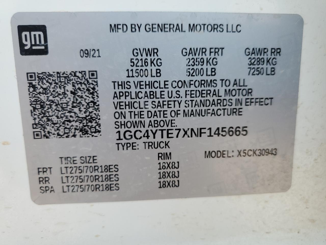 1GC4YTE7XNF145665 2022 Chevrolet Silverado K3500 Lt