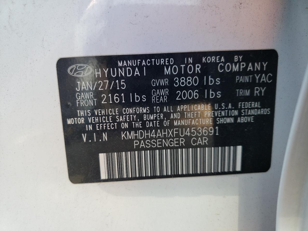 KMHDH4AHXFU453691 2015 Hyundai Elantra Se