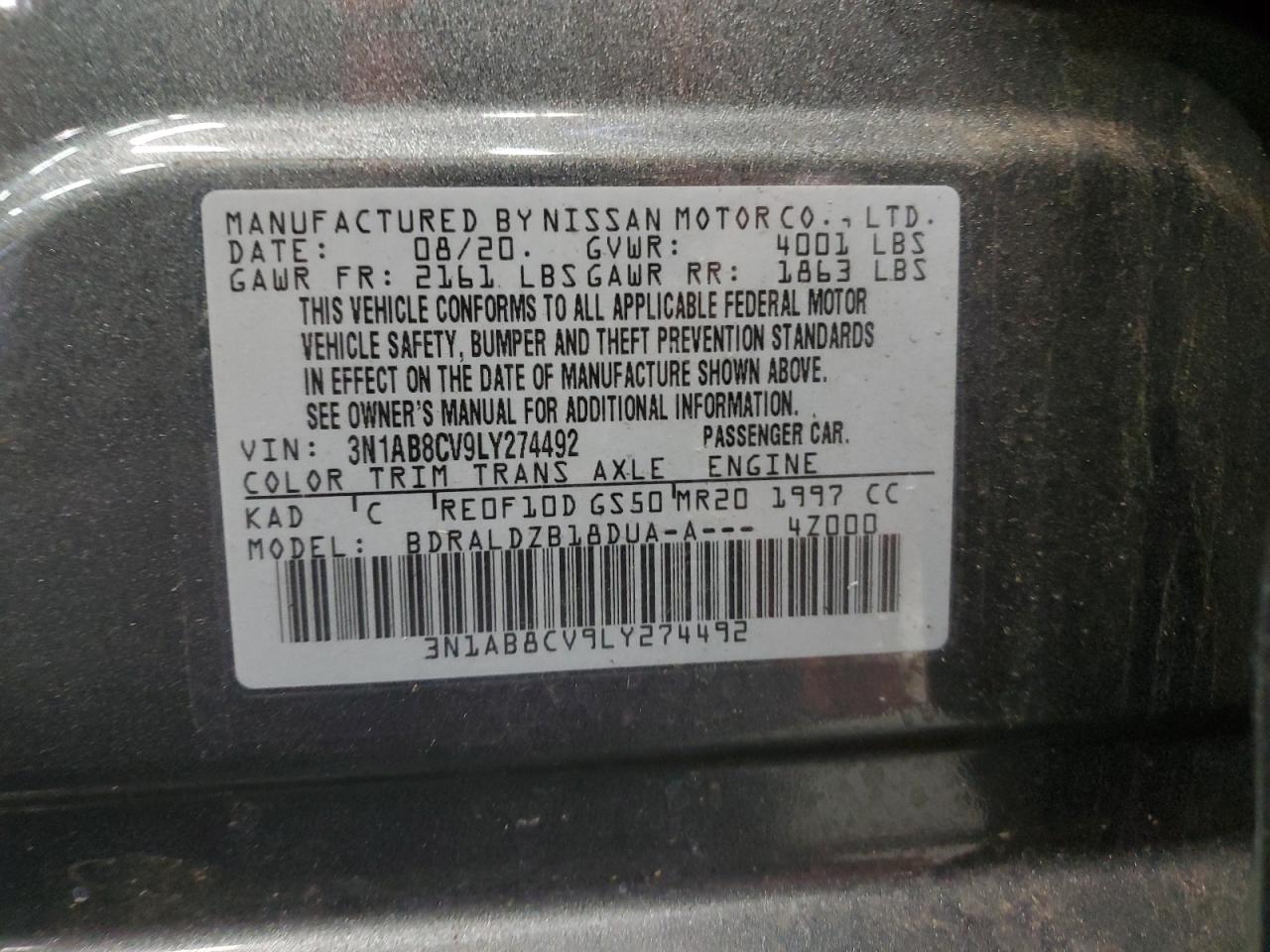 2020 Nissan Sentra Sv VIN: 3N1AB8CV9LY274492 Lot: 69486093