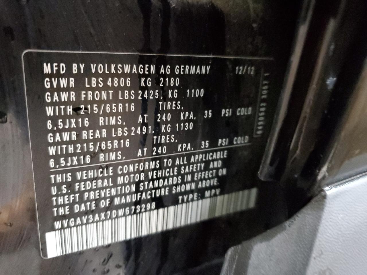 WVGAV3AX7DW573298 2013 Volkswagen Tiguan S