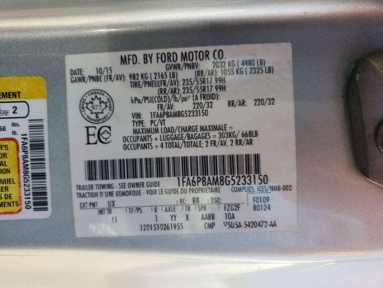 2016 Ford Mustang VIN: 1FA6P8AM8G5233150 Lot: 70126613