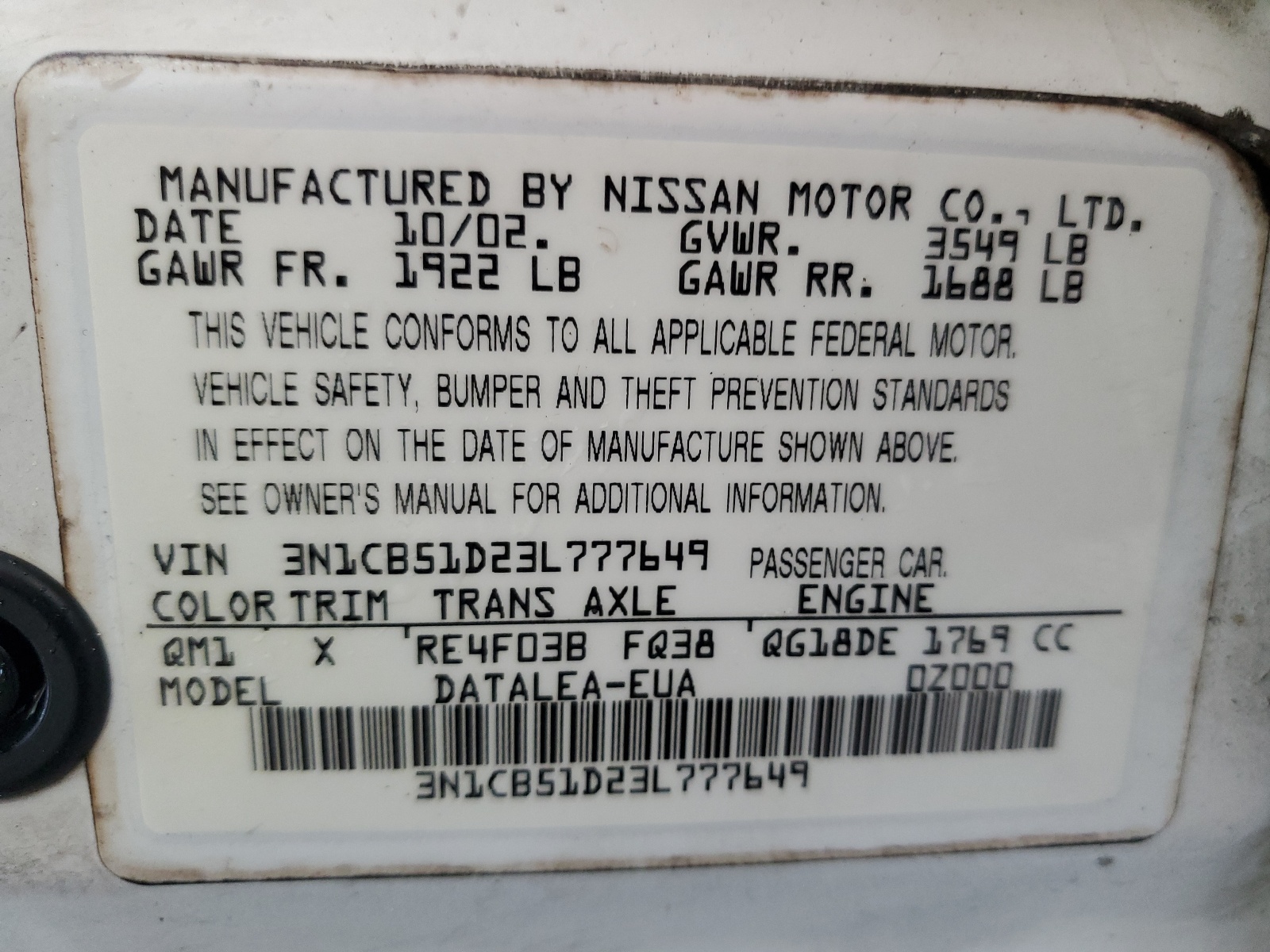 3N1CB51D23L777649 2003 Nissan Sentra Xe