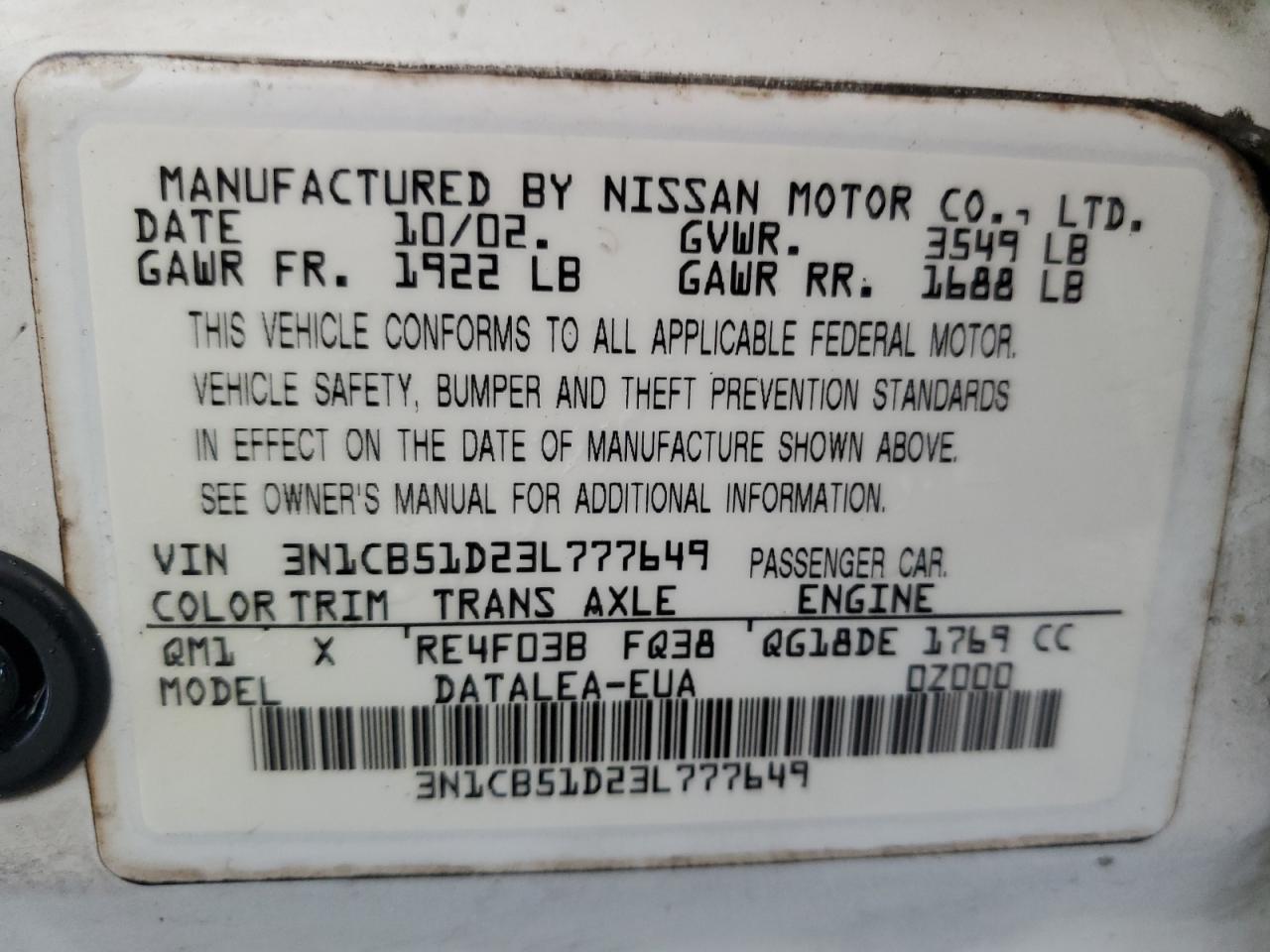 2003 Nissan Sentra Xe VIN: 3N1CB51D23L777649 Lot: 66127683