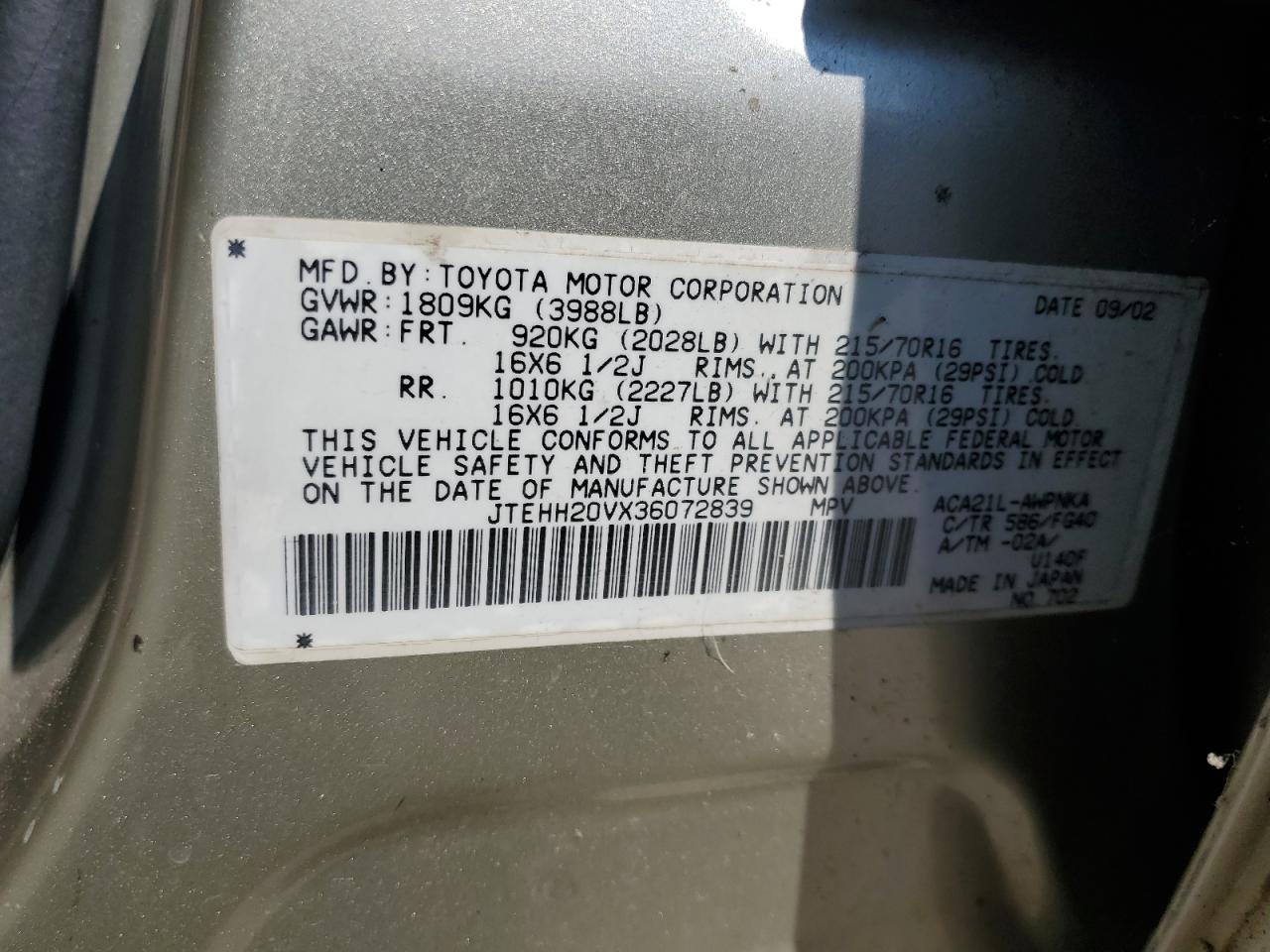 2003 Toyota Rav4 VIN: JTEHH20VX36072839 Lot: 68033423