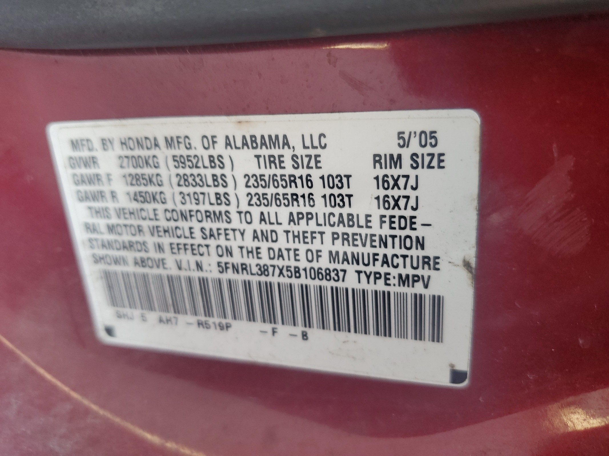 5FNRL387X5B106837 2005 Honda Odyssey Exl