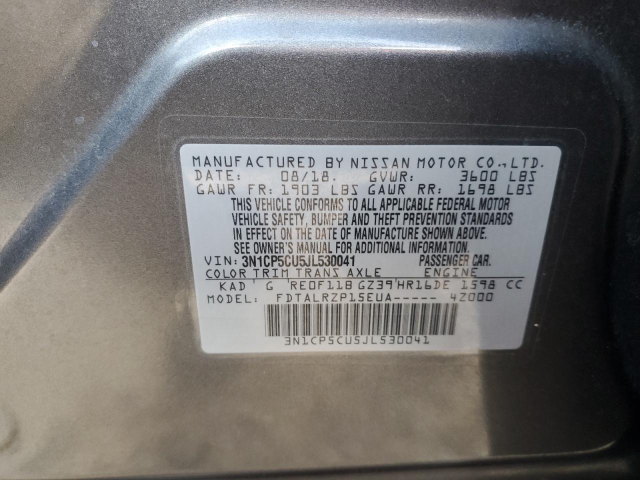 2018 Nissan Kicks S VIN: 3N1CP5CU5JL530041 Lot: 74244384