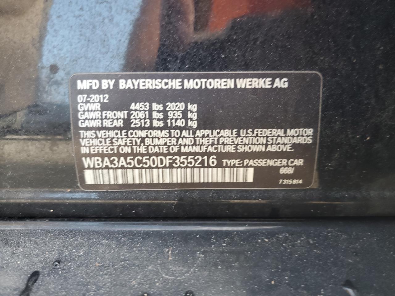 2013 BMW 328 I VIN: WBA3A5C50DF355216 Lot: 67373633