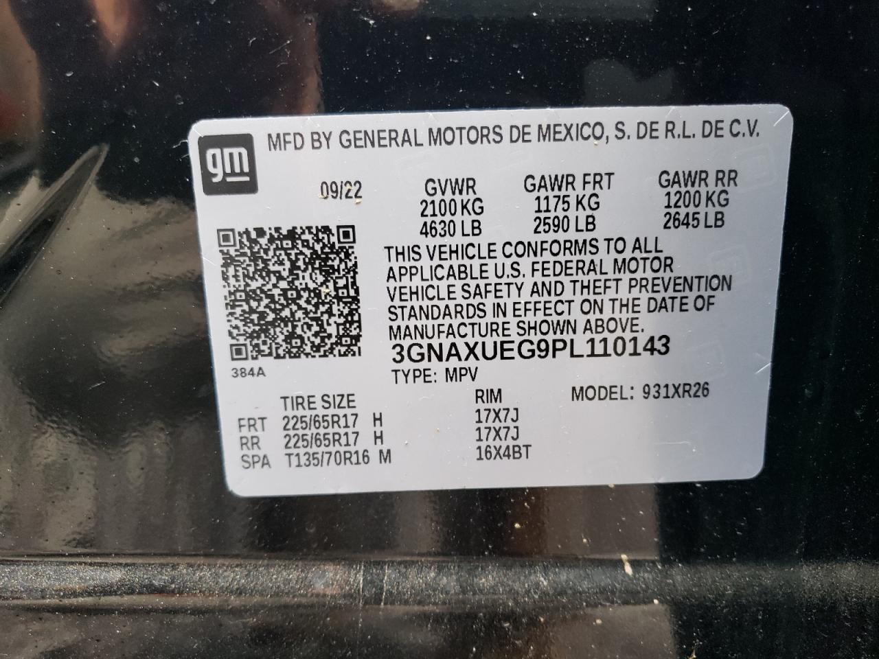 3GNAXUEG9PL110143 2023 Chevrolet Equinox Lt