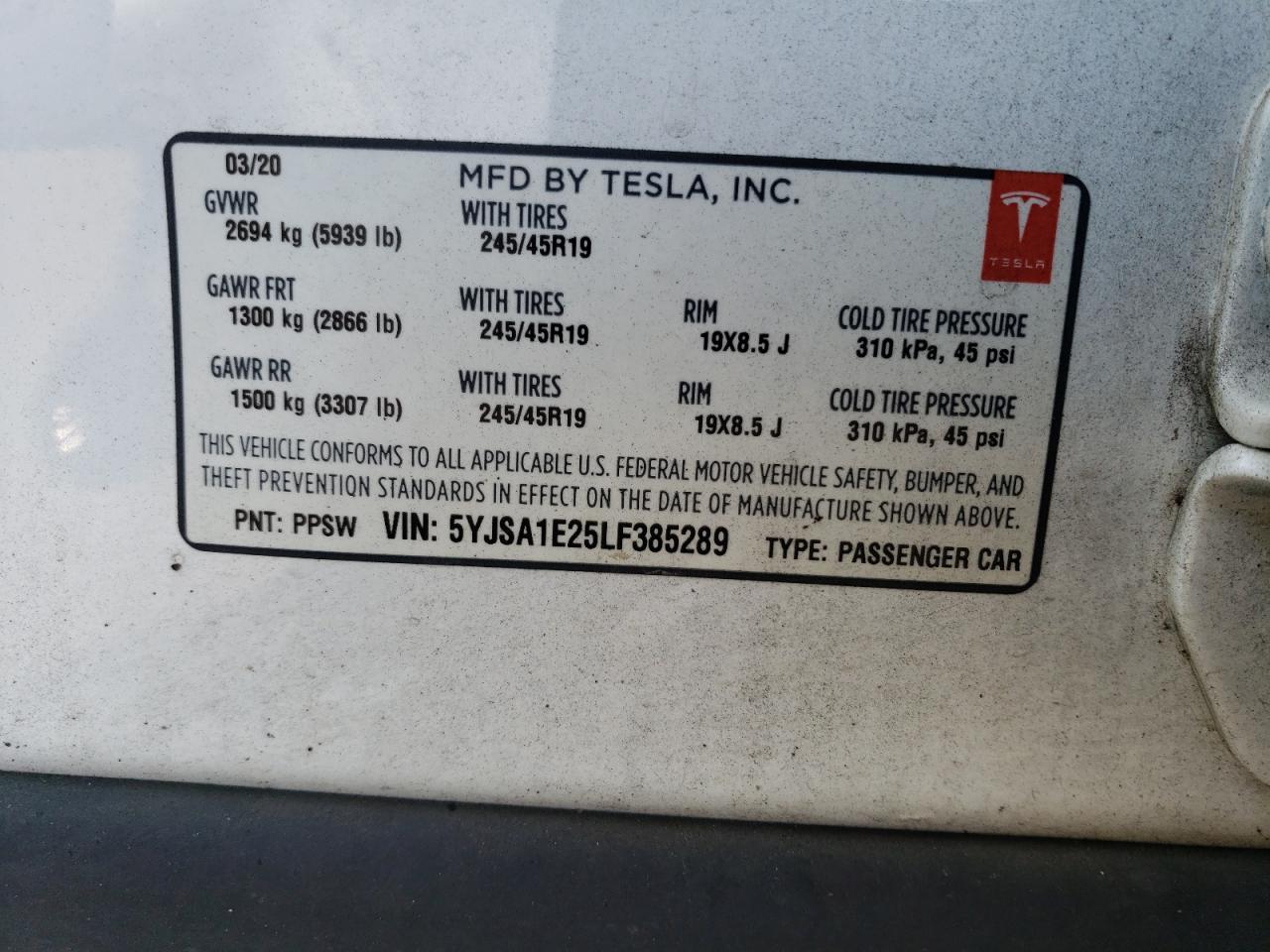 5YJSA1E25LF385289 2020 Tesla Model S