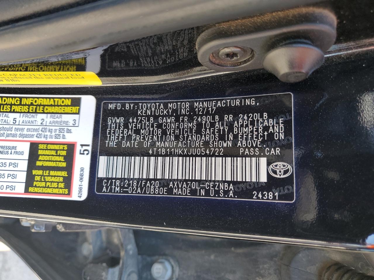 4T1B11HKXJU054722 2018 Toyota Camry L