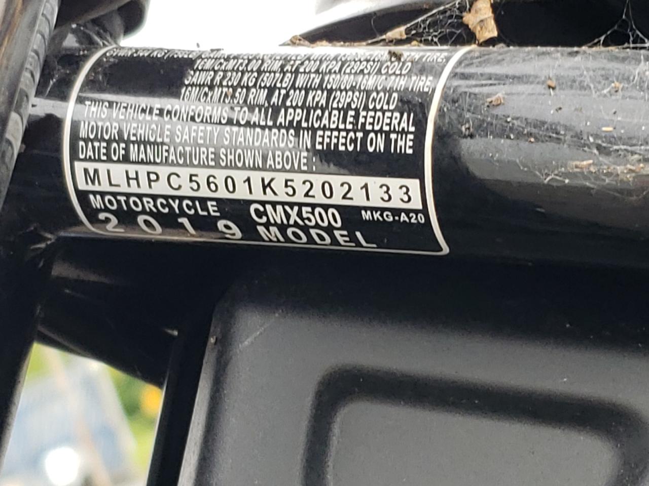 2019 Honda Cmx500 VIN: MLHPC5601K5202133 Lot: 69383803