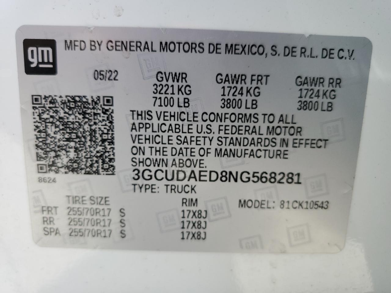 2022 Chevrolet Silverado K1500 VIN: 3GCUDAED8NG568281 Lot: 67176993
