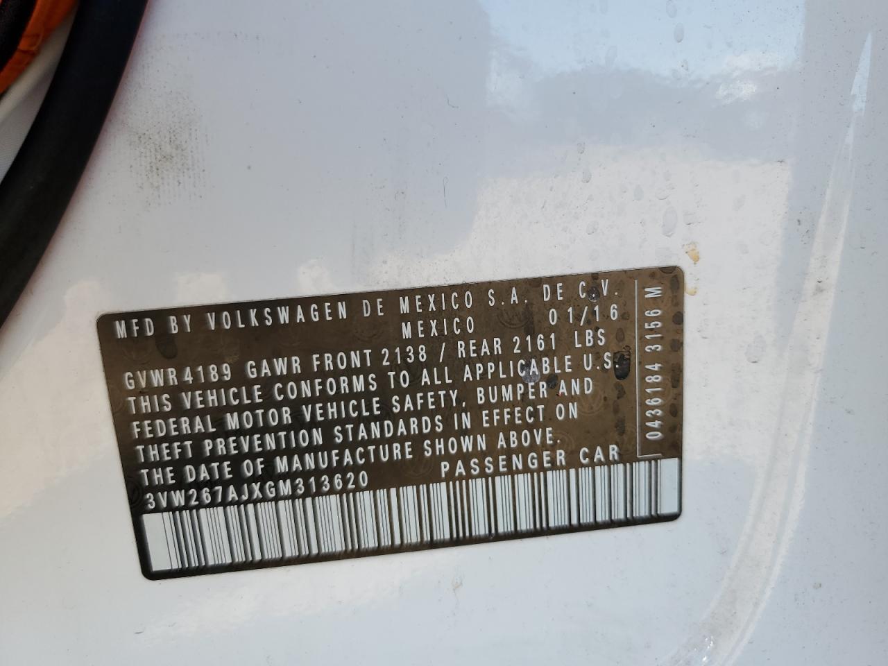 2016 Volkswagen Jetta S VIN: 3VW267AJXGM313620 Lot: 61291694
