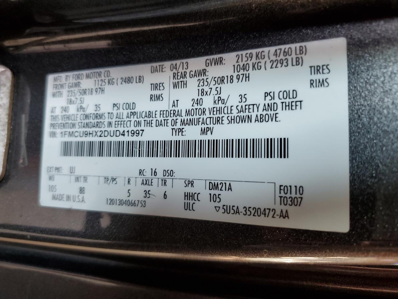 2013 Ford Escape Sel VIN: 1FMCU9HX2DUD41997 Lot: 66561013