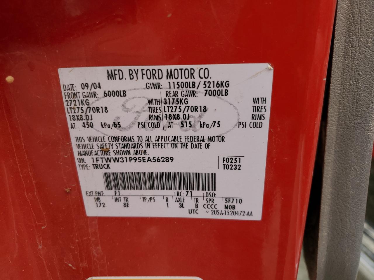 2005 Ford F350 Srw Super Duty VIN: 1FTWW31P95EA56289 Lot: 63681853
