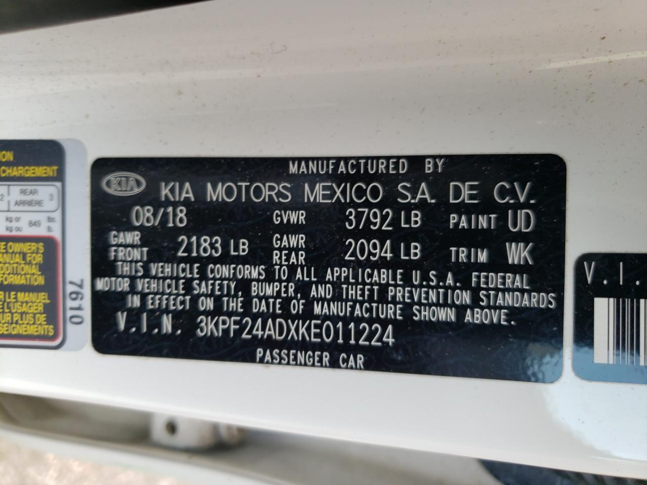 3KPF24ADXKE011224 2019 Kia Forte Fe