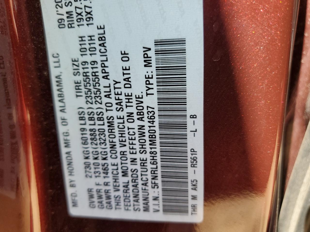 2021 Honda Odyssey Touring VIN: 5FNRL6H81MB014637 Lot: 66362053