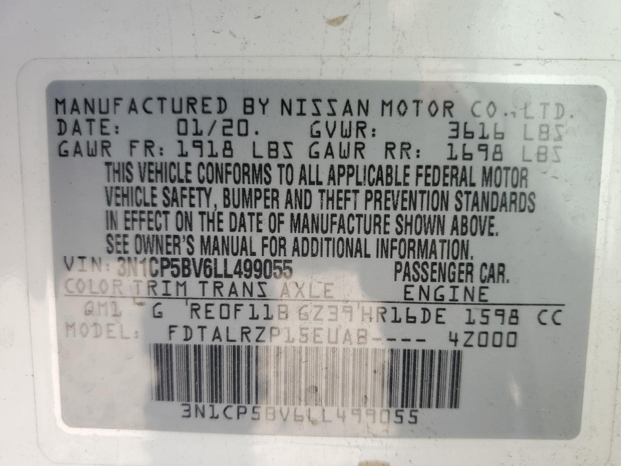 2020 Nissan Kicks S VIN: 3N1CP5BV6LL499055 Lot: 66204134