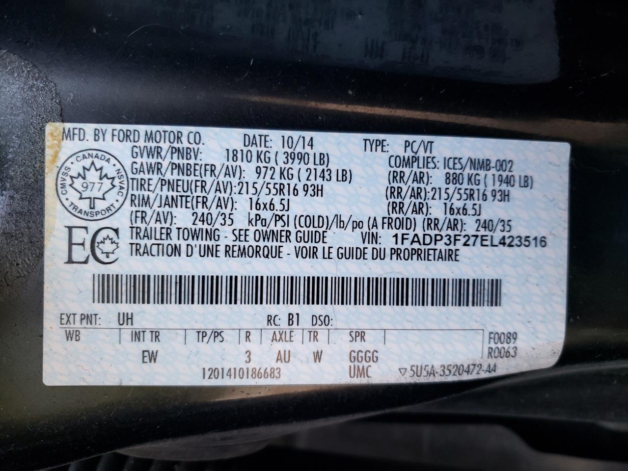 2014 Ford Focus Se VIN: 1FADP3F27EL423516 Lot: 61790535