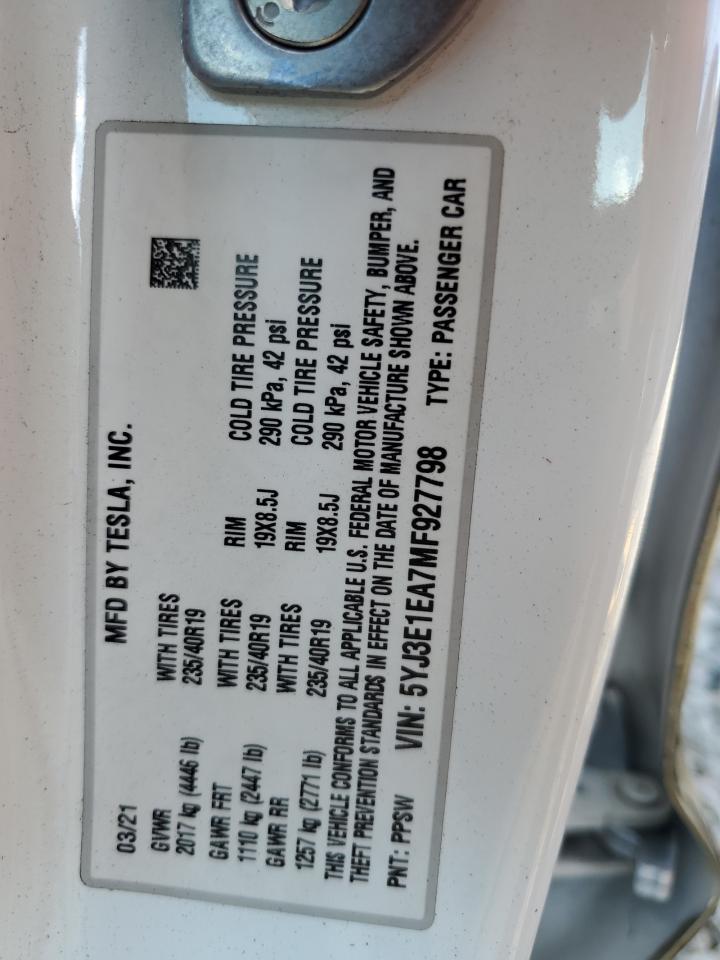 5YJ3E1EA7MF927798 2021 Tesla Model 3