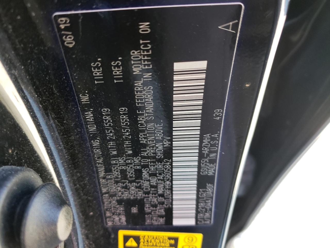 2019 Toyota Highlander Se VIN: 5TDJZRFH9KS605842 Lot: 68599993