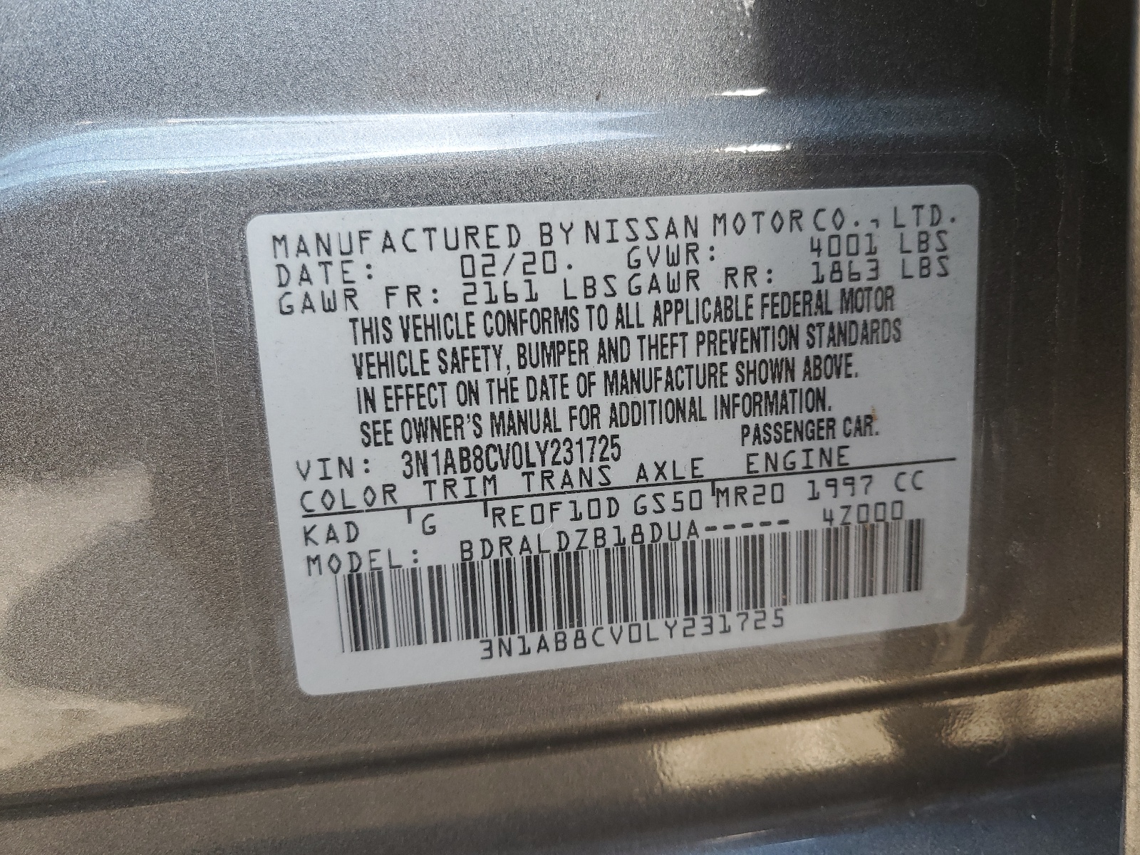 3N1AB8CV0LY231725 2020 Nissan Sentra Sv