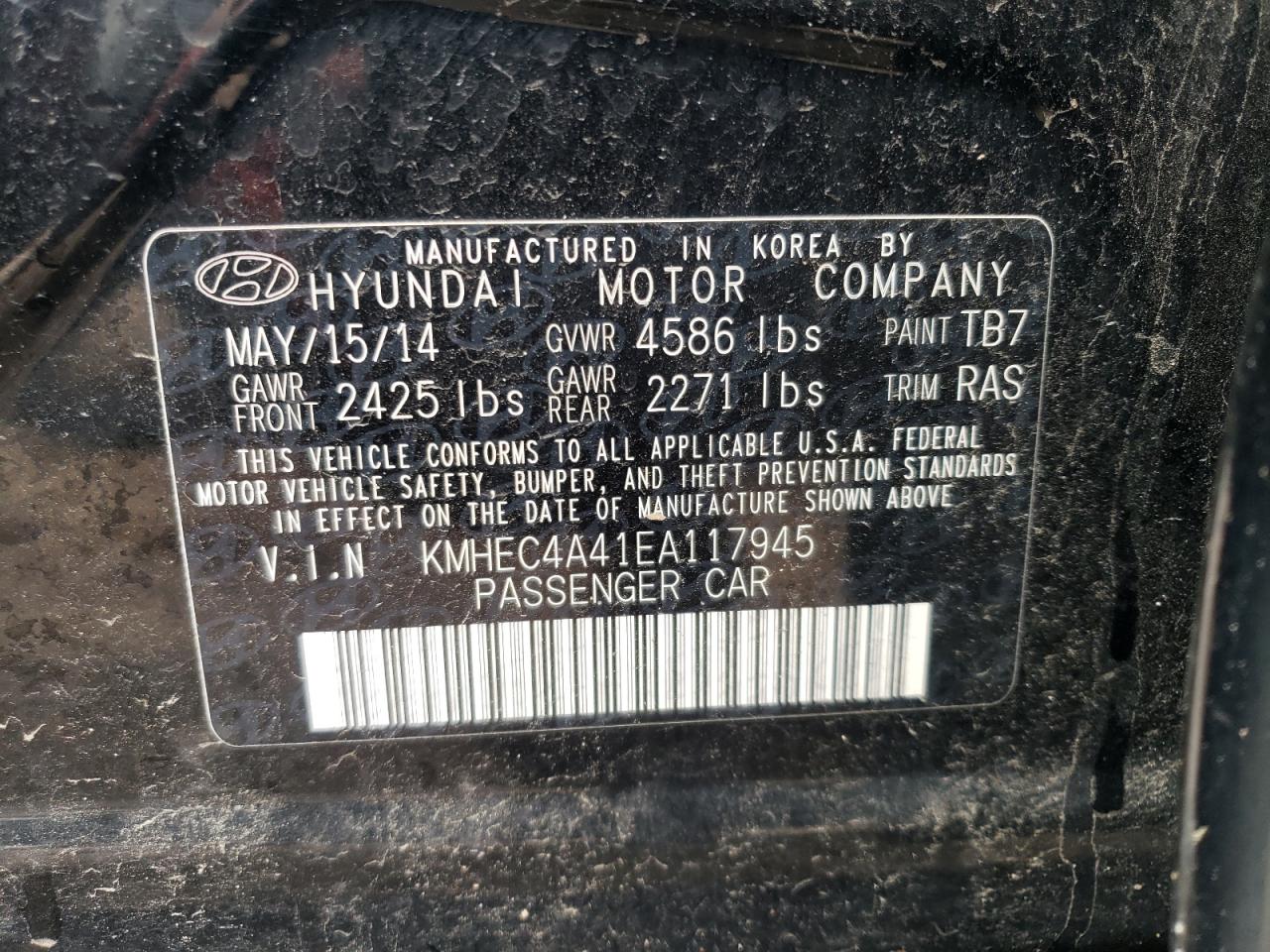 KMHEC4A41EA117945 2014 Hyundai Sonata Hybrid