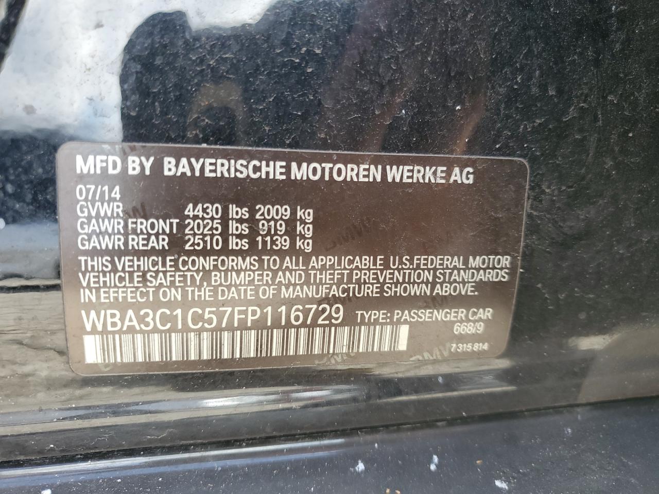 2015 BMW 328 I Sulev VIN: WBA3C1C57FP116729 Lot: 68668493