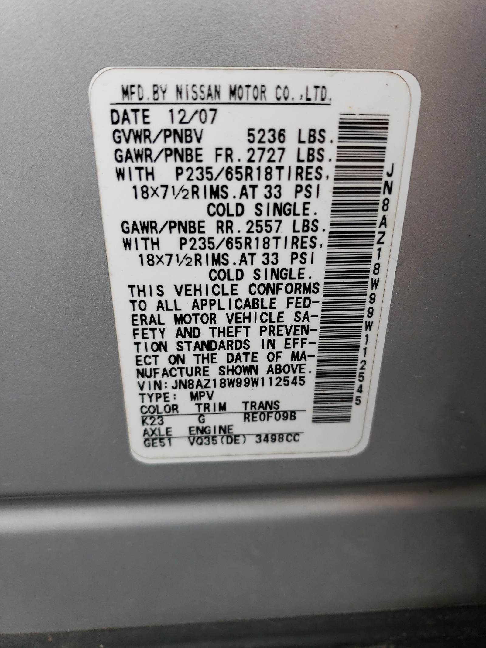 JN8AZ18W99W112545 2009 Nissan Murano S