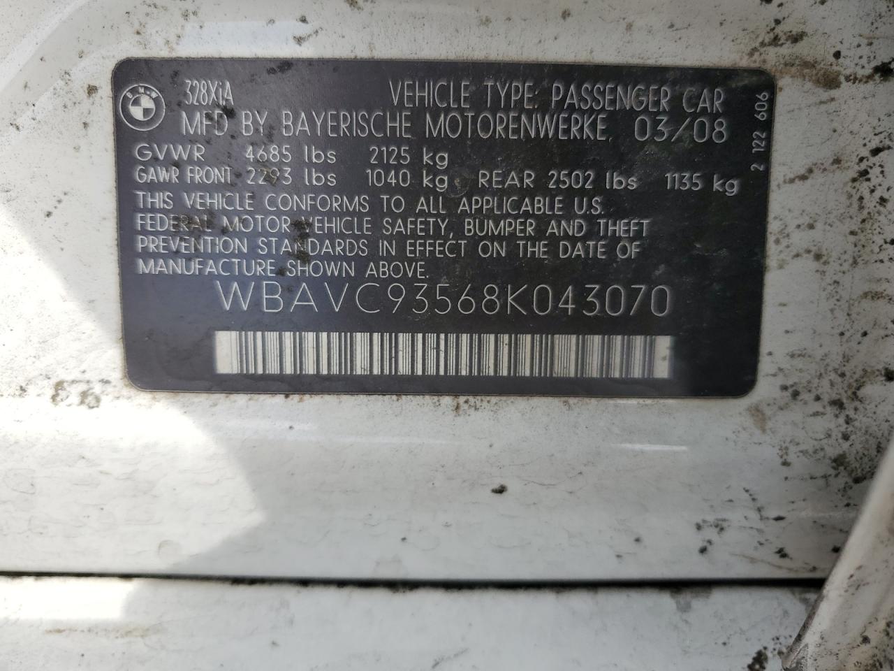 2008 BMW 328 Xi VIN: WBAVC93568K043070 Lot: 67932463