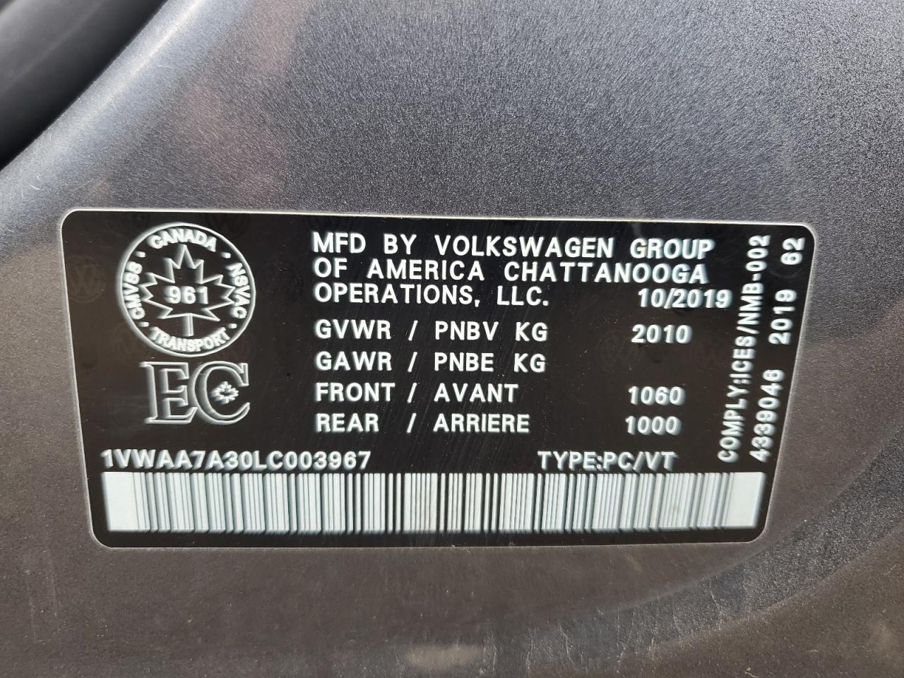2020 Volkswagen Passat S VIN: 1VWAA7A30LC003967 Lot: 58669585