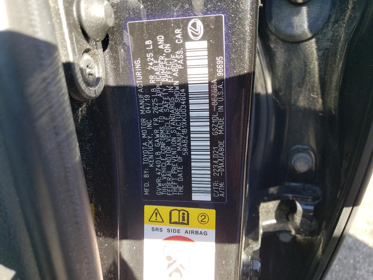 2019 Lexus Es 350 VIN: 58ABZ1B1XKU034604 Lot: 68277733