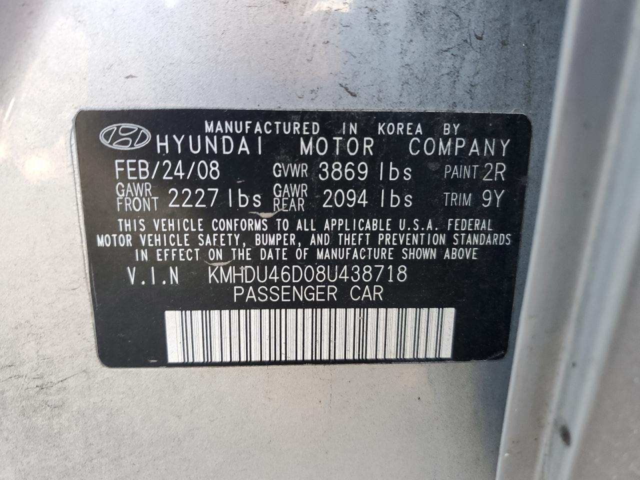 2008 Hyundai Elantra Gls VIN: KMHDU46D08U438718 Lot: 67860013