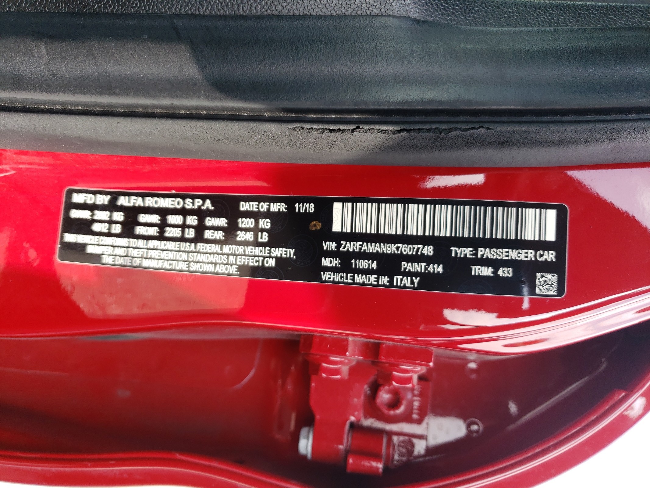 ZARFAMAN9K7607748 2019 Alfa Romeo Giulia